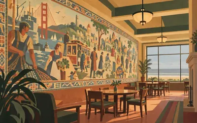 The Beach Chalet, Depression frescoes facing the surf: an illustration of a place on this route.