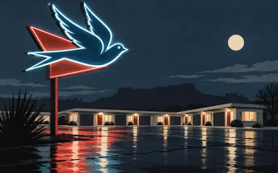 The Blue Swallow Motel, Tucumcari, Finished in early 1942, by a carpenter, for a rancher: an illustration of a place on this route.
