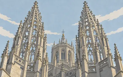 Catedral de Burgos, Openwork spires over a river town: an illustration of a place on this route.