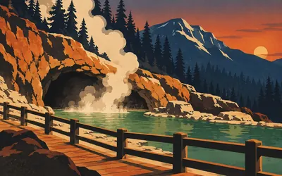 Cave and Basin, Banff, Where three railway workers found a hot spring: an illustration of a place on this route.