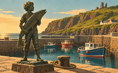 Dunbeath Harbour, A boy, a salmon, and the strath behind: an illustration of a place on this route.