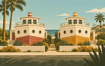 The Boathouses, Two houses shaped like ships, on dry land: an illustration of a place on this route.