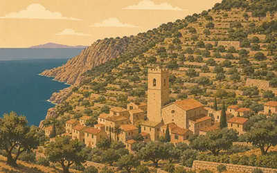 Estellencs, Three quarters, and a bell tower that was a defence tower: an illustration of a place on this route.