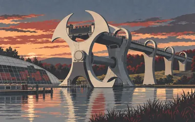 The Falkirk Wheel, Eleven locks, replaced by one turn: an illustration of a place on this route.