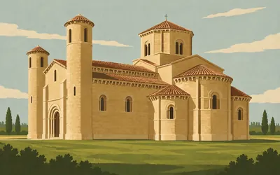 San Martín de Frómista, The textbook, standing in a field: an illustration of a place on this route.