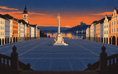 Linz Hauptplatz, A plague column and a glass cube: an illustration of a place on this route.