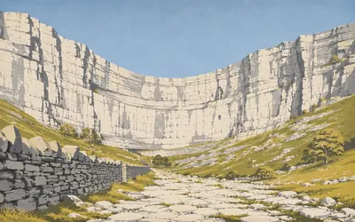 Malham Cove, Seventy metres of white limestone, and no waterfall: an illustration of a place on this route.