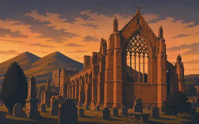 Melrose Abbey, Red sandstone, and a heart: an illustration of a place on this route.