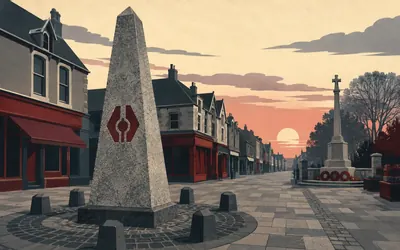 The Milngavie Obelisk, Mile zero, on a suburban high street: an illustration of a place on this route.