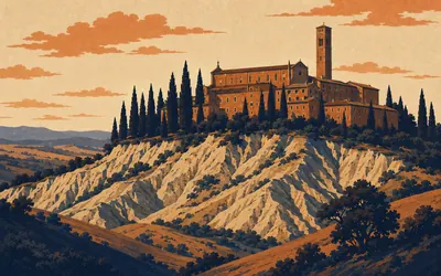Monte Oliveto Maggiore, Thirty-five frescoes, or thirty-seven: an illustration of a place on this route.