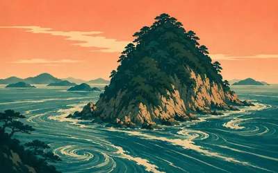 Noshima, A castle with a moat that moves: an illustration of a place on this route.
