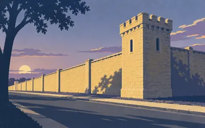 Old Joliet Prison, Yellow limestone, and a wall built to be seen: an illustration of a place on this route.