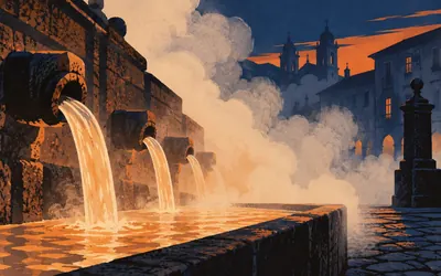 As Burgas, Ten thousand objections, and hot water: an illustration of a place on this route.
