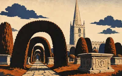Painswick Churchyard, Ninety-nine yews, by tradition: an illustration of a place on this route.