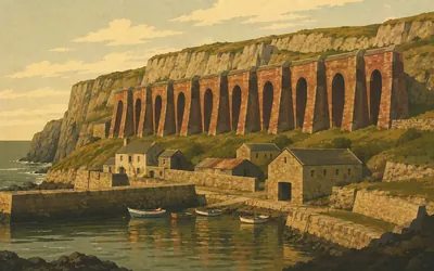 Porthgain, Brick hoppers over a tiny harbour: an illustration of a place on this route.