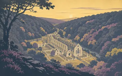 Rievaulx Abbey, A valley floor, and a terrace built to look at it: an illustration of a place on this route.