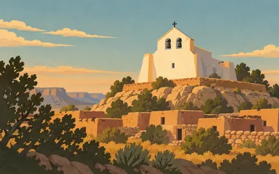 San José Mission, Laguna Pueblo, White above the highway since 1699: an illustration of a place on this route.