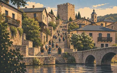 Sarria, Where the road suddenly gets busy: an illustration of a place on this route.