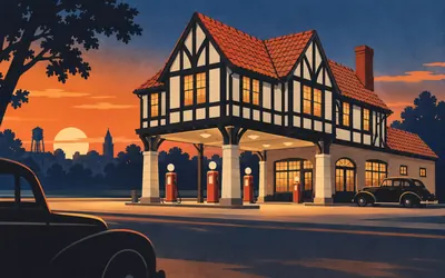 Sprague's Super Service, Normal, A filling station with an upstairs: an illustration of a place on this route.