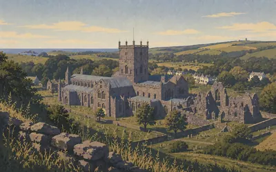 St Davids Cathedral, Down in its own valley, leaning: an illustration of a place on this route.