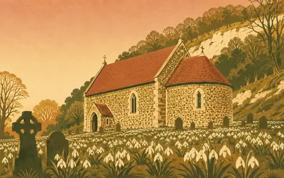 St Botolph's, Swyncombe, Flint, herringbone and a February carpet of snowdrops: an illustration of a place on this route.