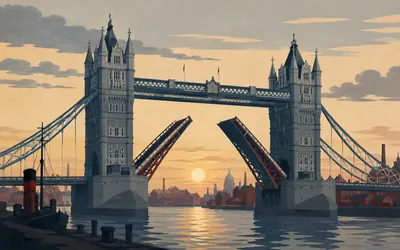 Tower Bridge, Mile zero, over the Thames: an illustration of a place on this route.