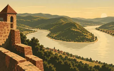 The Visegrád citadel, The river turns ninety degrees below you: an illustration of a place on this route.