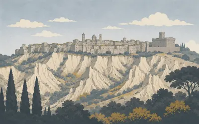 Volterra, Etruscan, Roman, medieval, and still quarrying alabaster: an illustration of a place on this route.