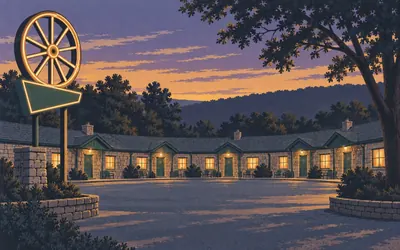 The Wagon Wheel Motel, Cuba, Stone cottages, and the sign still lit: an illustration of a place on this route.